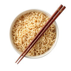Bowl of ramen noodles with chopsticks, white isolated background