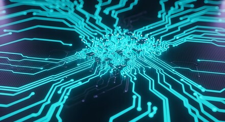 Digital Circuit Board with Blue Neon Lines and Microchip Technology