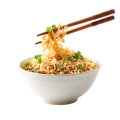 Bowl of ramen noodles with chopsticks, white isolated background