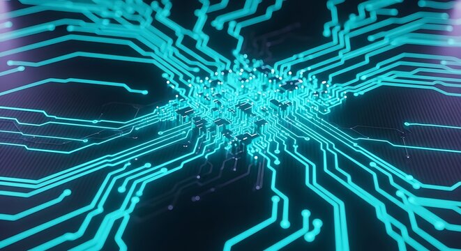 Digital Circuit Board with Blue Neon Lines and Microchip Technology