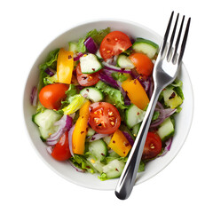 Bowl of vegetable salad with fork, white isolated background