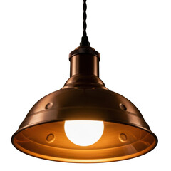 Vintage industrial pendant light fixture with warm edison bulb illumination isolated on transparent background