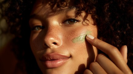 Young woman of African descent with curly black hair and freckles applying green cream to her face with fingers. Healthy glowing skin. Generative AI