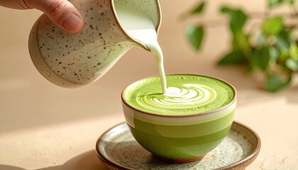 A hand pours cream into a matcha latte, creating latte art; the vibrant green drink sits in a bowl on a saucer, bathed in sunlight