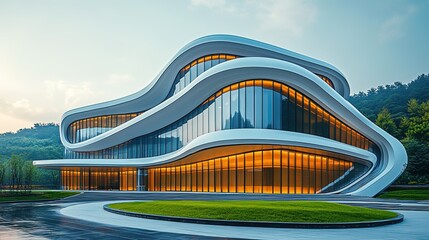 Modern Circular Sports Center Building In Chongqing With White Vertical-Lined Metal Facade And Glass