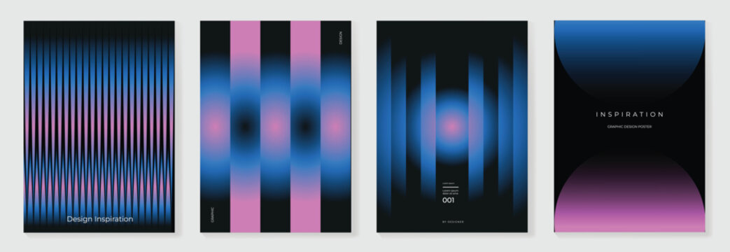 Modern gradient poster on dark background vector set. Minimalist cover template with vibrant perspective geometric prism shapes in motion. Ideal design for social media, cover, banner, flyer.