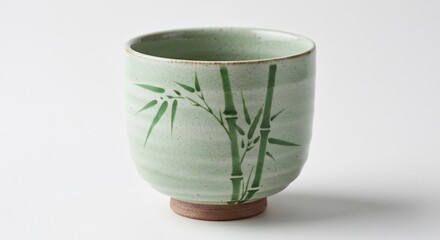 Taza japonesa cerámica verde con bambú pintado diseño minimalista luz suave estudio creando atmósfera zen pura