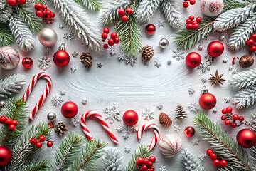 Overhead View of Christmas Decorations Including Pine Branches Ornaments Candy Canes and Pinecones holiday isolated on a transparent background