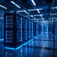 Modern Data Center with Glowing Server Racks and Advanced Cooling System – High-Tech Cloud Infrastructure for Technology and Business