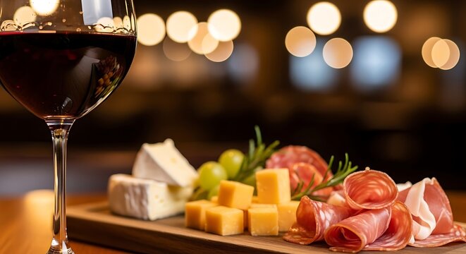 A sophisticated spread of red wine perfectly paired with a gourmet cheese and charcuterie board featuring brie, cheddar, salami, and fresh grapes against a warm bokeh background