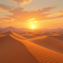 Desert Land at Sunset – Golden Sand Dunes with Camel Trail Under Colorful Sky for Travel, Nature, and Development Projects