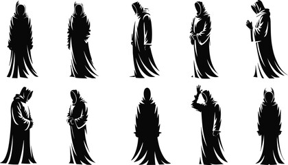 Hooded figure silhouette, robed character design, fantasy monk illustration, mysterious cloaked person, ritual pose, dark robe concept art