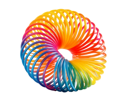 A colorful rainbow slinky toy coiled into a circle and isolated on a transparent background, representing fun and childhood nostalgia