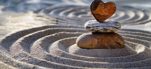 A heart-shaped stone rests atop a balanced stack of two others, all nestled in concentric circles raked into smooth, light-brown sand