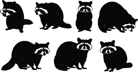 Raccoon silhouette, cartoon raccoon illustration, woodland animal vector, forest wildlife drawing, mammal design, black and white artwork, nature character