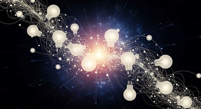 A dynamic display of glowing light bulbs connected by intricate lines, highlighting the concept of interconnected ideas and innovation.