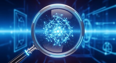 Magnifying glass examining a complex digital network structure representing data and connections