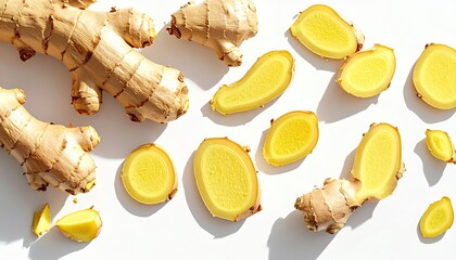A high-angle, close-up shot depicts pieces of ginger root and slices arranged on a white background, illuminated by natural light casting shadows