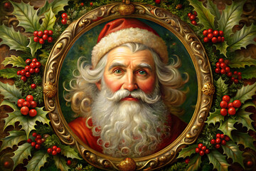 Portrait of Santa Claus framed by a golden ornate border with holly and red berries Father Christmas isolated on a transparent background