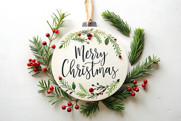 Round Christmas Ornament with " Merry Christmas" Text Surrounded by Fir and Berries Keywords: Christmas, ornament, round, merry christmas, text isolated on a transparent background