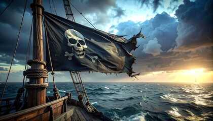 Jolly Roger ondeando en un mástil de madera de un barco pirata antiguo, bandera negra rota y desgastada en las esquinas, detalles del paso del tiempo y batallas, mar abierto con niebla 