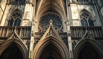 Intricate architectural facade, exhibiting ornate gothic design elements with arched doorways, detailed rose window, and pointed arches against a stone building background, bathed in warm natural...
