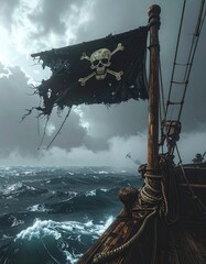 Jolly Roger ondeando en un mástil de madera de un barco pirata antiguo, bandera negra rota y desgastada en las esquinas, detalles del paso del tiempo y batallas, mar abierto con niebla 