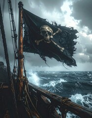 Jolly Roger ondeando en un mástil de madera de un barco pirata antiguo, bandera negra rota y desgastada en las esquinas, detalles del paso del tiempo y batallas, mar abierto con niebla 
