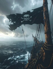 Jolly Roger ondeando en un mástil de madera de un barco pirata antiguo, bandera negra rota y desgastada en las esquinas, detalles del paso del tiempo y batallas, mar abierto con niebla 