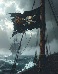 Jolly Roger ondeando en un mástil de madera de un barco pirata antiguo, bandera negra rota y desgastada en las esquinas, detalles del paso del tiempo y batallas, mar abierto con niebla 