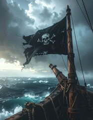 Jolly Roger ondeando en un mástil de madera de un barco pirata antiguo, bandera negra rota y desgastada en las esquinas, detalles del paso del tiempo y batallas, mar abierto con niebla 