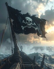 Jolly Roger ondeando en un mástil de madera de un barco pirata antiguo, bandera negra rota y desgastada en las esquinas, detalles del paso del tiempo y batallas, mar abierto con niebla 