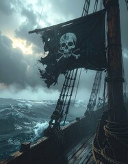 Jolly Roger ondeando en un mástil de madera de un barco pirata antiguo, bandera negra rota y desgastada en las esquinas, detalles del paso del tiempo y batallas, mar abierto con niebla 