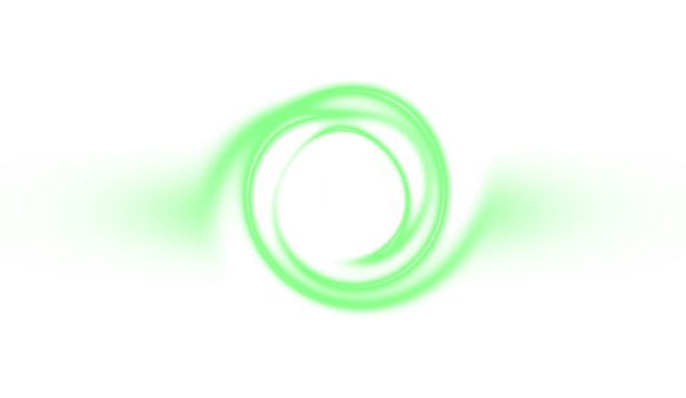 A green swirling vortex with two flat oval shapes on each side on transparent background