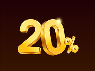 3d 20% or 20 percent rendered in yellow golden style, vector illustration. 20 percent icon in 3d vector. Vector illustration