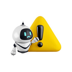 Vector Cartoon 3d bot assistant warning alert notification. Realistic 3d render exclamation sign triangle icon with cute sad robot. Chat bot error attention, smart problem detection.