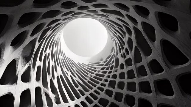 Abstract tunnel with irregular openings, viewed from below with bright light at end; grey scale