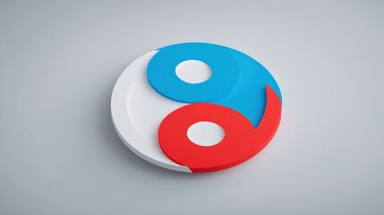 Yin yang symbol with red blue and white elements on gray background