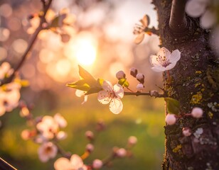Blossoming branches bathed in golden sunset light