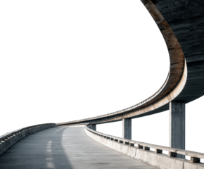 A curving concrete overpass road with concrete barriers and pillars, isolated on transparent background