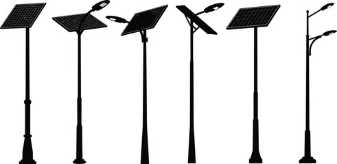 Solar streetlight silhouette set, LED lighting pole designs, sustainable urban infrastructure icons, black vector collection, renewable energy elements