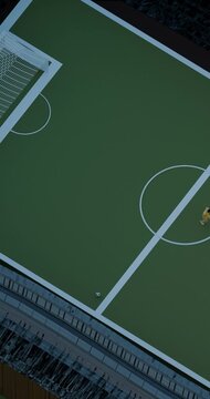 Soccer player kicking ball on empty stadium field aerial view score goal render animation 3D