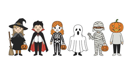 Halloween Characters Lineup: A collection of adorable, diverse characters ready for Halloween, featuring a witch, vampire, skeleton, ghost, mummy, and a pumpkin head in vibrant costumes.
