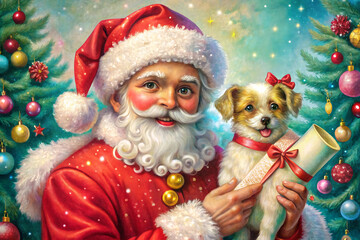 Santa Claus holding a small puppy with a red bow in front of a decorated Christmas tree Father Christmas isolated on a transparent background