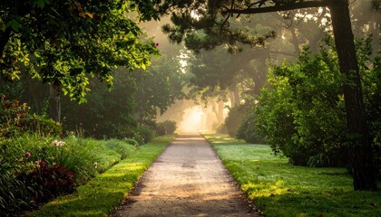 A picturesque pathway winds through a verdant park, framed by lush trees and vibrant greenery, bathed in soft morning light, creating a serene and inviting landscape with a touch of mist.