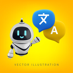 Vector cartoon 3d  language translation chat bot banner. Realistic 3d render robot character and foreign message speech bubble. Artificial intelligence translation, localization technology concept.