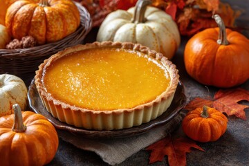 Autumn pumpkin pie with shortcrust pastry. Pumpkin flan against a background of autumn orange pumpkins. Autumn dessert.