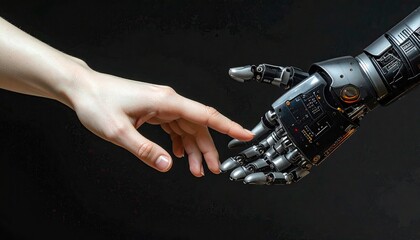 A human hand and a robotic hand reach out to touch fingertips against a dark background, symbolizing connection between humanity and technology