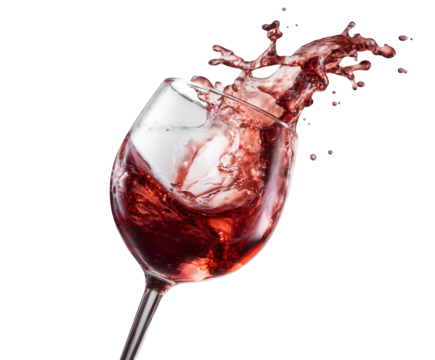 A dynamic splash of red wine erupts from a wine glass, captured in motion against a clean transparent background, perfect for beverage advertising and celebration themes