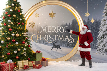 Santa Claus standing in a snowy winter scene with a decorated Christmas tree and a large circular frame isolated on a transparent background